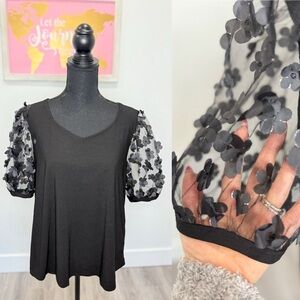 Love Scarlett Black Floral Mesh Bubble Sleeve Top (L)